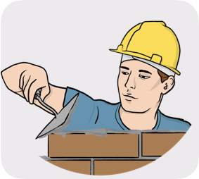 A bricklayer wearing a a safety helmet